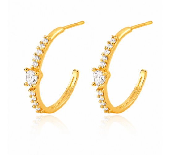Brinco meia argola media fina zirconia cristal e coracao cristal. 12mm. 150020