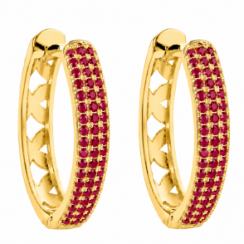 Brinco argola media oval zirconia vermelha na frente e vazado atras. 150778