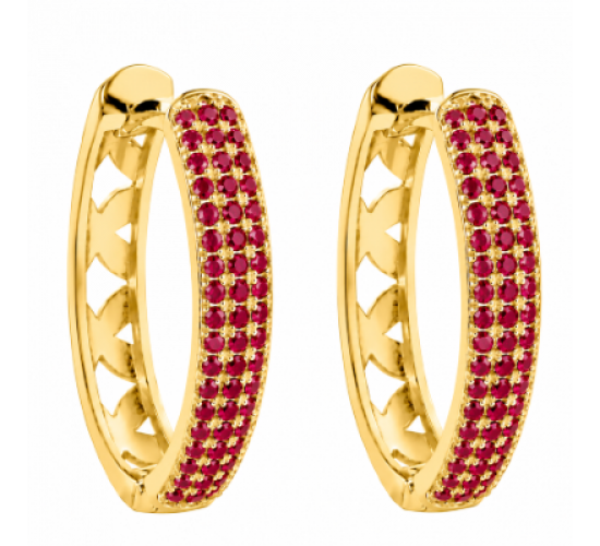 Brinco argola media oval zirconia vermelha na frente e vazado atras. 150778
