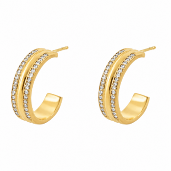 Brinco meia argola media zirconia cristal nas laterais liso no meio. 13x1mm. 150821