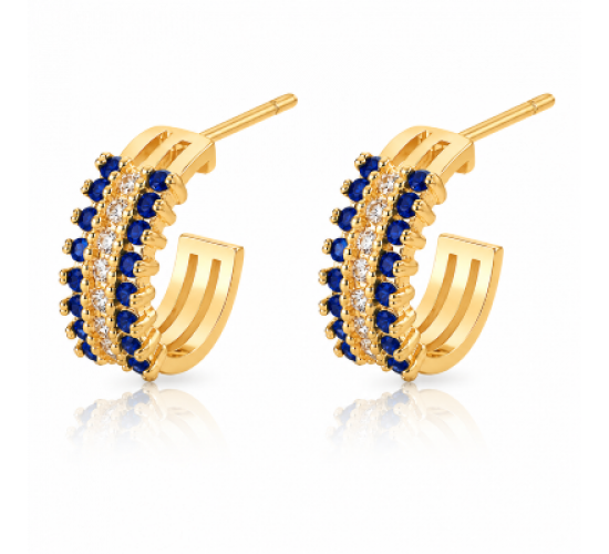 Brinco meia argola media 3 fileiras zirconia azul safira centro cristal. 12.5mm. 151368