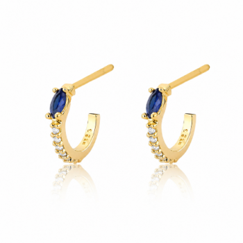 Brinco meia argola pequena fina zirconia cristal e navete azul. 11mm. 151440