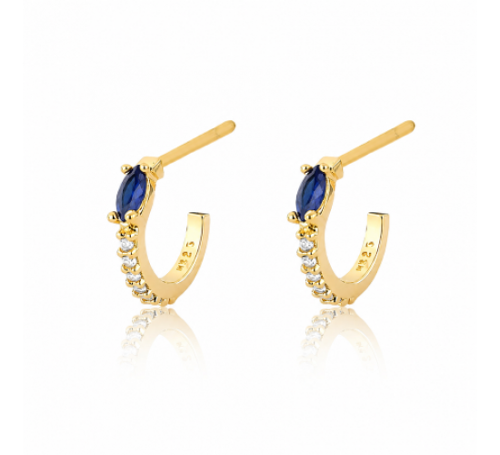 Brinco meia argola pequena fina zirconia cristal e navete azul. 11mm. 151440