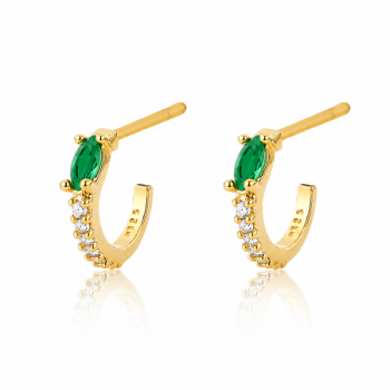 Brinco meia argola peuqena fina zirconia cristal e navete verde. 11mm. 151441