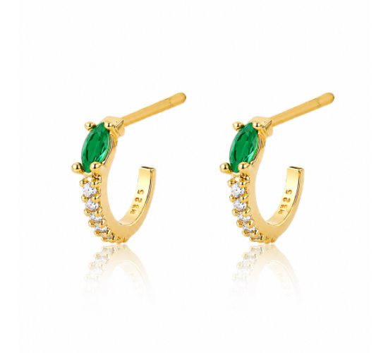 Brinco meia argola peuqena fina zirconia cristal e navete verde. 11mm. 151441