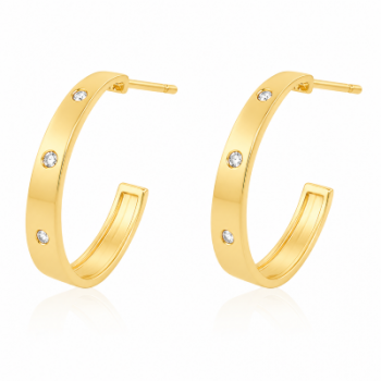 Brinco meia argola media larga lisa com 3 zirconias cristal. 20.5mm. 151630