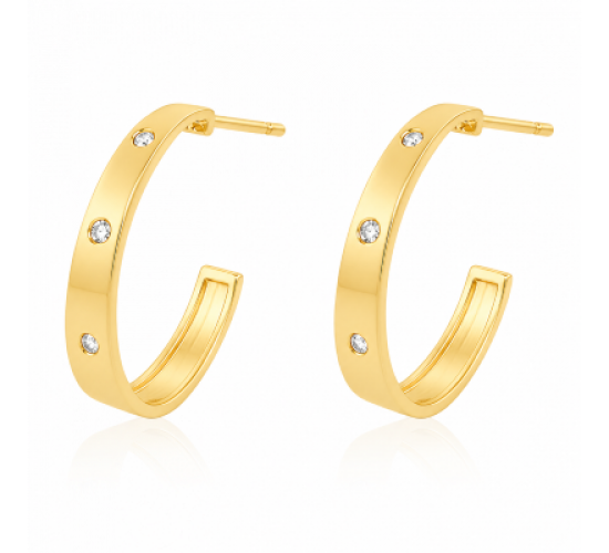 Brinco meia argola media larga lisa com 3 zirconias cristal. 20.5mm. 151630