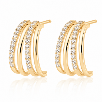 Brinco meia argola media intercalado filete liso e zirconia cristal. 12x9mm. 151659