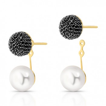 Brinco encaixe esfera zirconia negra, e perola. 10mm. 1520585 Brinco encaixe esfera zirconia negra, e perola. 10mm. 1520585