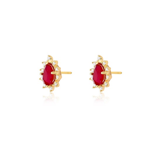 Brinco gota vermelho rubi e zirconia cristal em volta. 10x8mm. 1530059