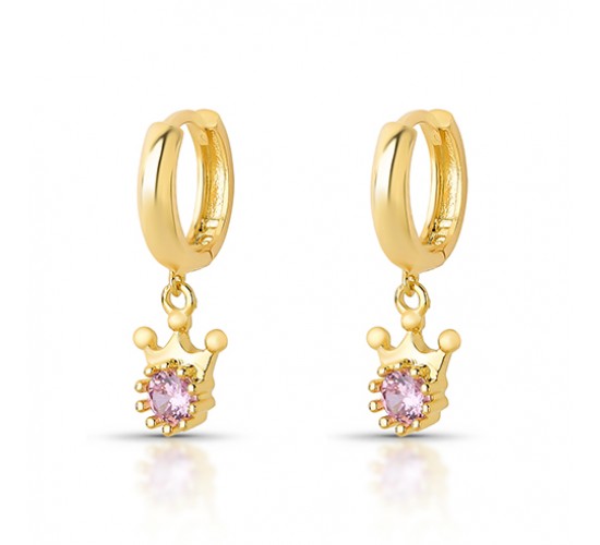 Brinco argola pequena com coroa zirconia rosa pendurada. 1535396