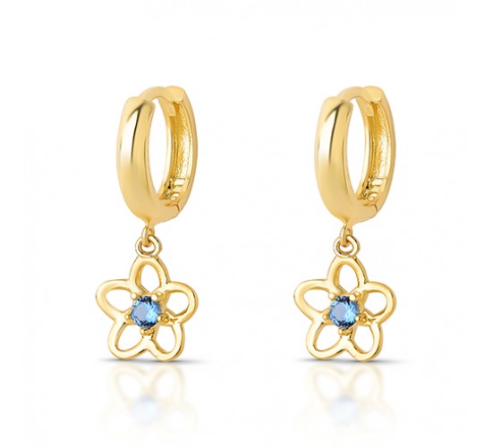 Brinco argola pequena com flor zirconia azul pendurada. 1535401