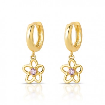 Brinco argola pequena com flor zirconia rosa pendurada. 1535406