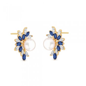 Brinco com navetes azul safira e cristal, perola 6mm. 16x10mm. 1535452 Brinco com navetes azul safira e cristal, perola 6mm. 16x10mm. 1535452