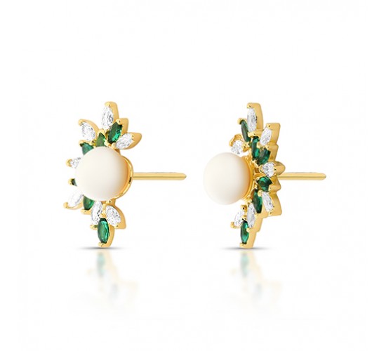 Brinco navete cristal e verde esmeralda com perola 6mm. 1535458