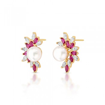 Brinco com navetes cristal e vermelho rubi, perola 6mm. 16x10mm. 1535459 Brinco com navetes cristal e vermelho rubi, perola 6mm. 16x10mm. 1535459