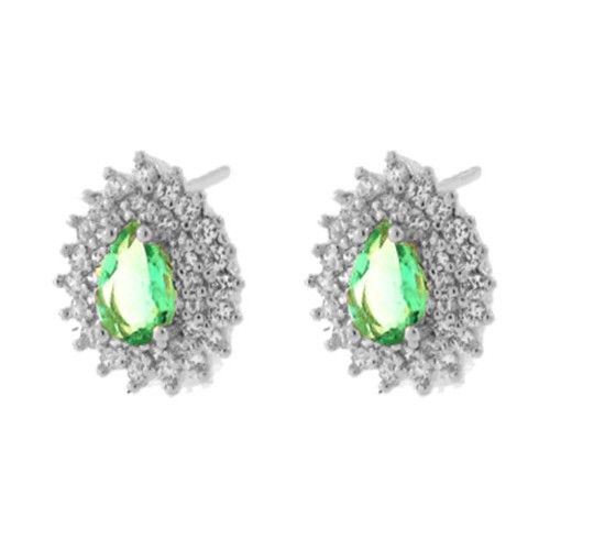 Brinco gota pedra maior verde paraiba com zirconia cristal em volta, 8x6mm, Prata. 350006