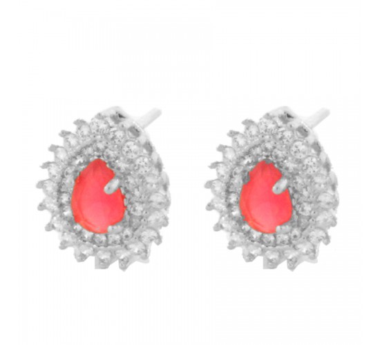 Brinco gota pedra maior vermelho rubi com zirconia cristal em volta, 8x6mm, Prata. 350007