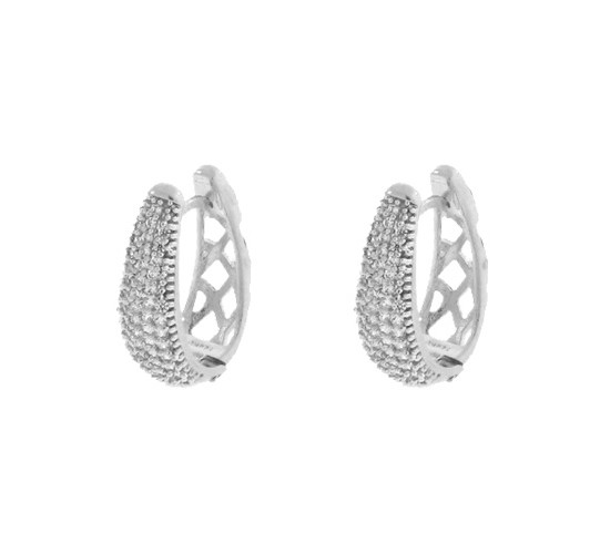 Brinco argola oval zirconia cristal na frente vazado atras. 13x2mm, prata. 350018