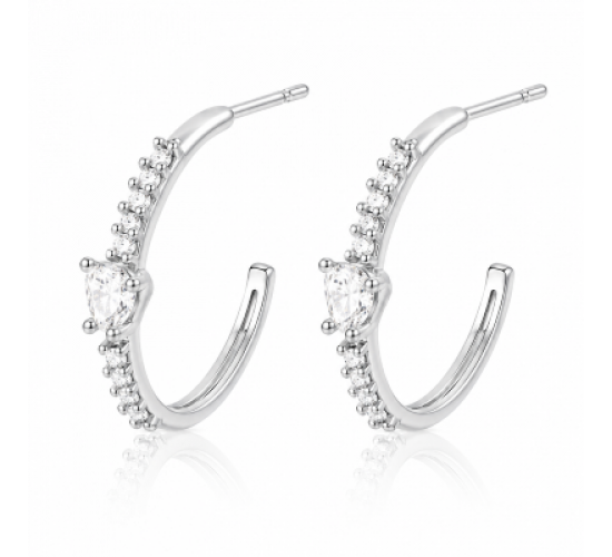 Brinco meia argola media fina zirconia cristal e coracao cristal. 12mm, prata. 350020