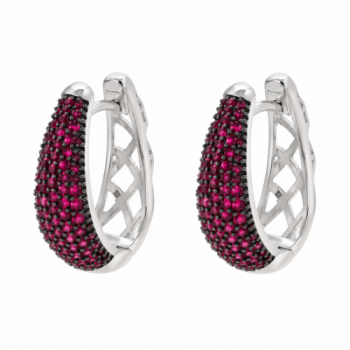 Brinco argola oval zirconia vermelha na frente vazado atras. 13x2mm, prata. 350022