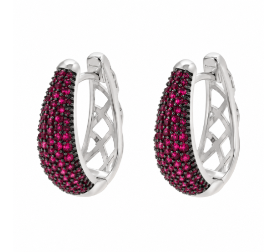 Brinco argola oval zirconia vermelha na frente vazado atras. 13x2mm, prata. 350022
