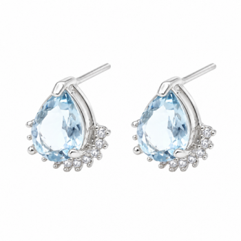 Brinco gota azul claro com zirconia cristal embaixo, 6x5mm, Prata. 350030