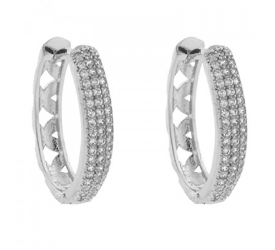 Brinco argola media oval zirconia cristal na frente e vazado atras. 16mm, prata. 350763