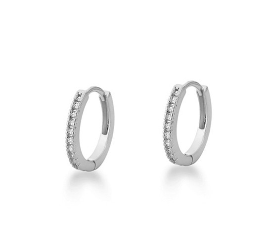 Brinco argola pequena media fina zirconia branca na frente. 6.5mm, prata. 350768M