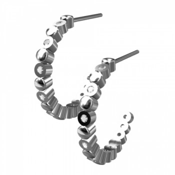Brinco meia argola media fina intercalado bolinha lisa e zirconia cristal. 14mm, prata. 350772