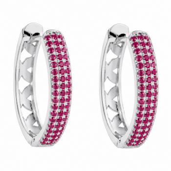 Brinco argola media oval zirconia vermelha na frente e vazado atras, prata. 350778