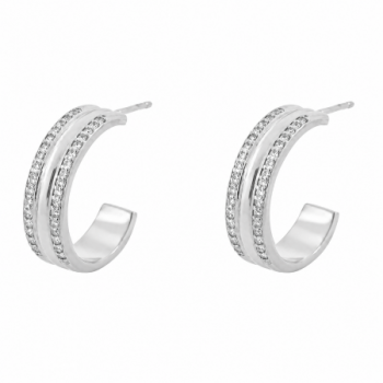 Brinco meia argola media zirconia cristal nas laterais liso no meio. 13x1mm, prata. 350821