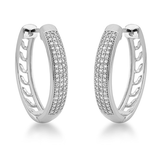 Brinco argola media oval zirconia cristal na frente vazado atras. 21mm, prata. 350838