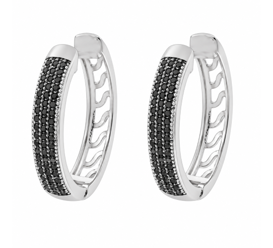 Brinco argola oval media zirconia negra vazada atras, prata. 350909