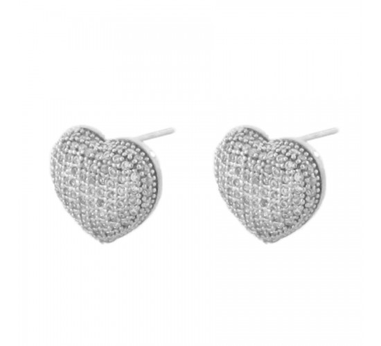 Brinco coracao abaulado zirconia cristal. 8x9mm, prata. 350940