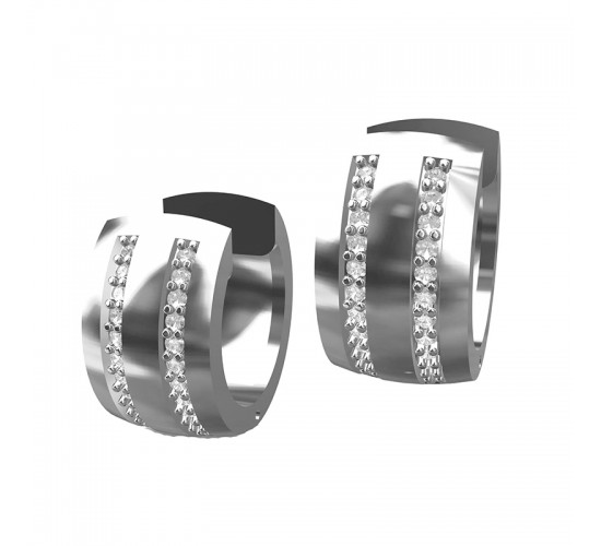 Brinco argola media 2 fileiras zirconia cristal na frente liso atras, 9x2mm, Prata. 350966
