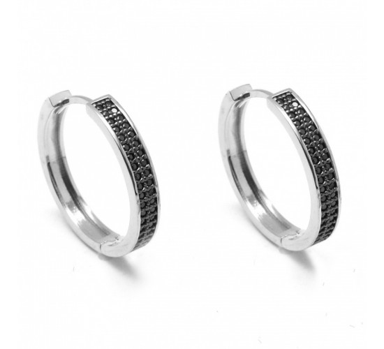 Brinco argola grande zirconia negra na frente, prata. 351360