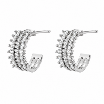 Brinco meia argola media 3 fileiras zirconia cristal. 12.5mm, prata. 351365