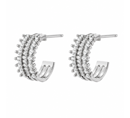 Brinco meia argola media 3 fileiras zirconia cristal. 12.5mm, prata. 351365