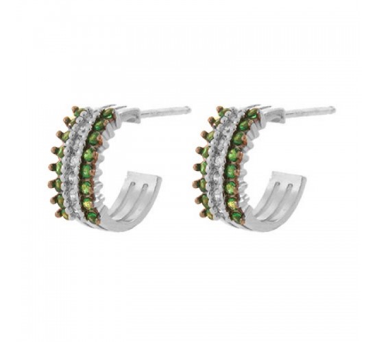 Brinco meia argola media 3 fileiras zirconia verde centro cristal. 12.5mm, prata. 351366