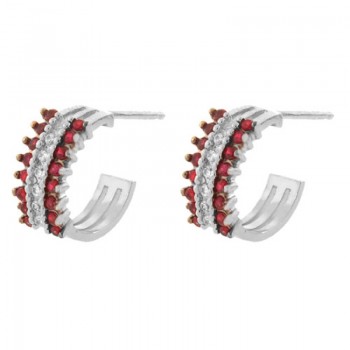 Brinco meia argola media 3 fileiras zirconia vermelha centro cristal. 12.5mm, prata. 351367