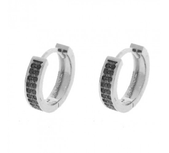 Brinco argola media redonda zirconia negra na frente lisa atras. 13.5mm, prata. 351377
