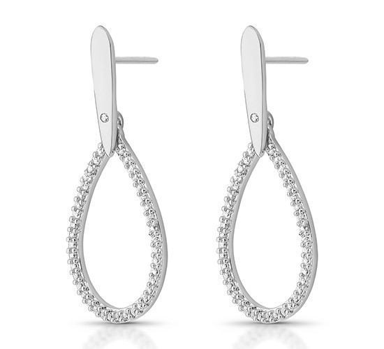 Brinco haste lisa gota pendurada zirconia cristal. 33x14.5mm, prata. 351379