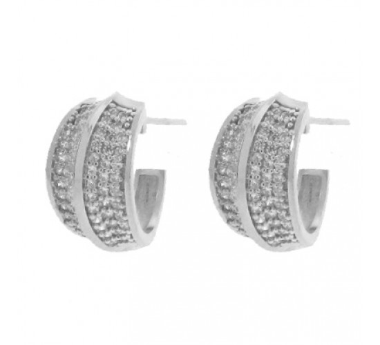 Brinco meia argola media zirconia cristal filete liso no centro. 16x10mm, prata. 351383