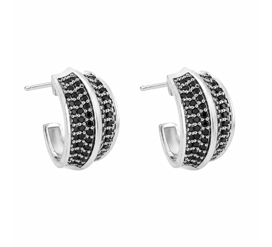 Brinco meia argola media zirconia negra filete liso no centro. 16x10mm, prata. 351384