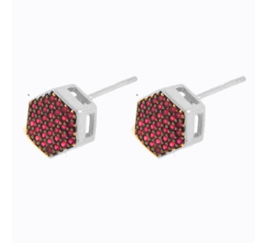 Brinco sextavado zirconia vermelha. 8x8mm, prata. 351398