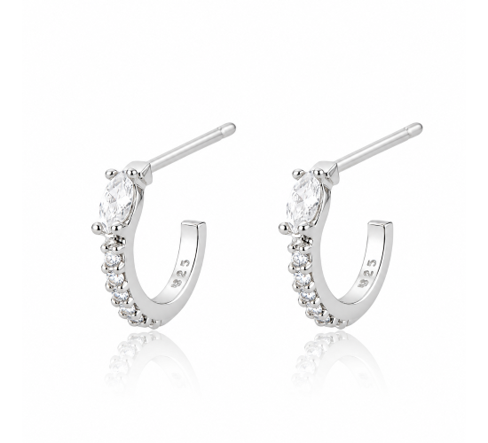 Brinco meia argola pequena fina zirconia cristal. 11mm, prata. 351439