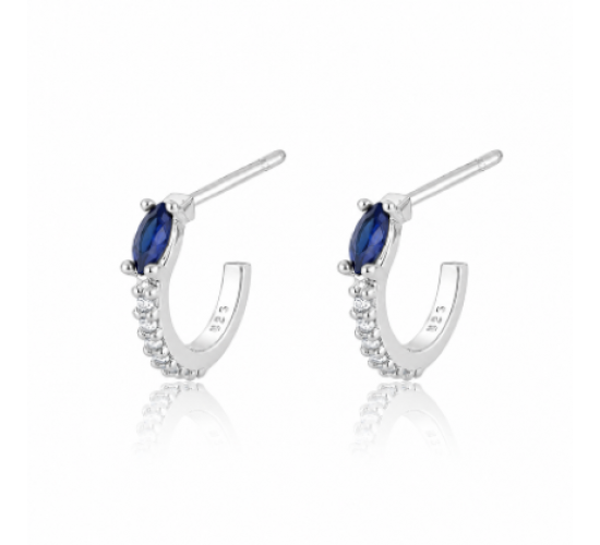 Brinco meia argola pequena fina zirconia cristal e navete azul. 11mm, prata. 351440