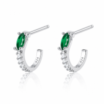 Brinco meia argola peuqena fina zirconia cristal e navete verde. 11mm, prata. 351441