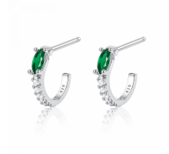 Brinco meia argola peuqena fina zirconia cristal e navete verde. 11mm, prata. 351441